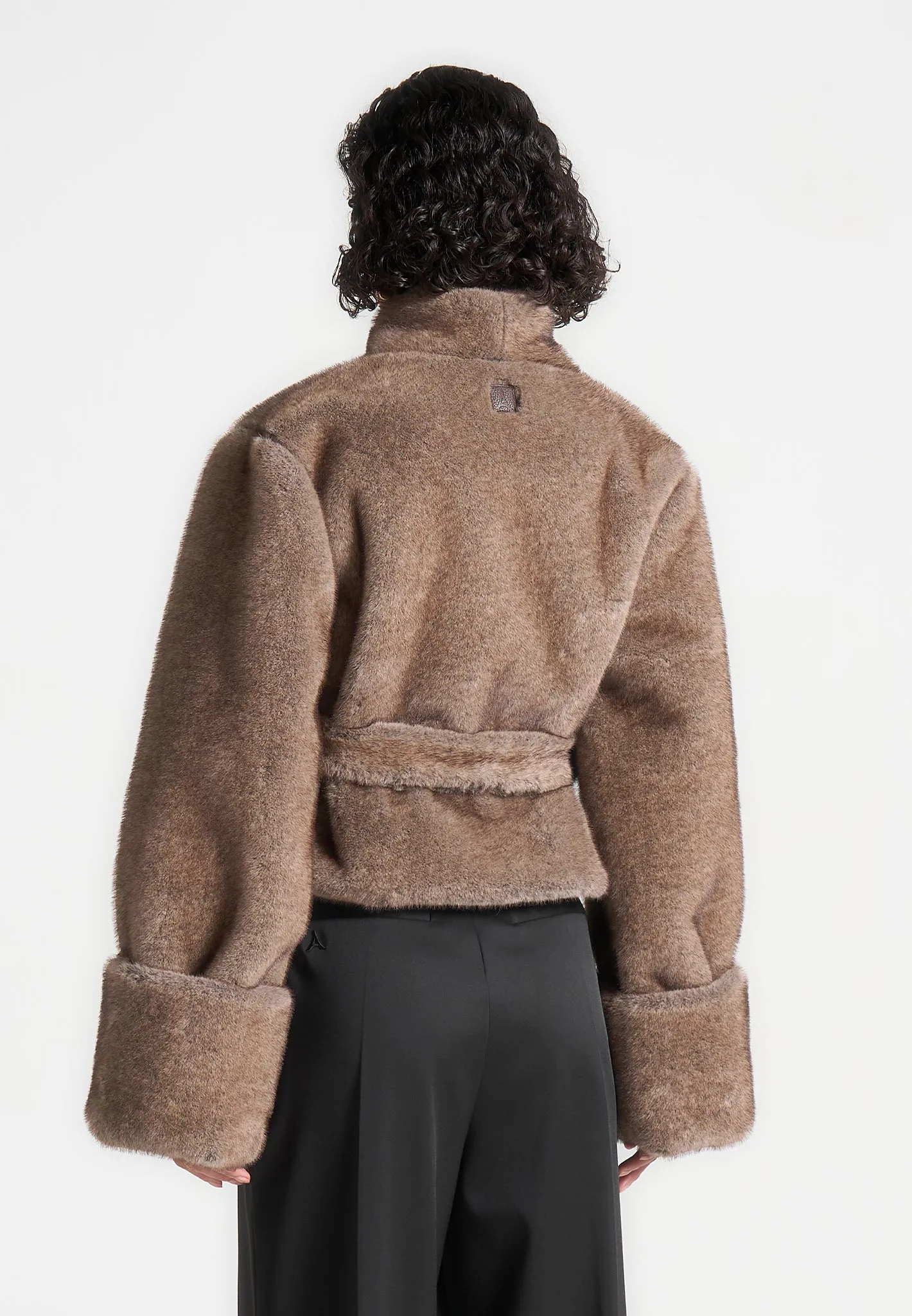 Fur Kimono Tie Jacket - Brown