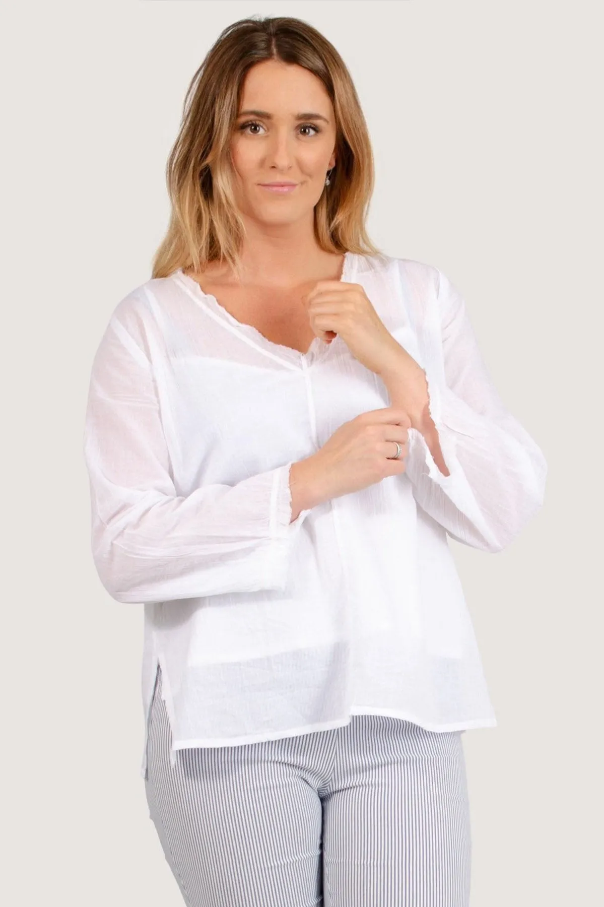 Gauze Frayed V Neck Top