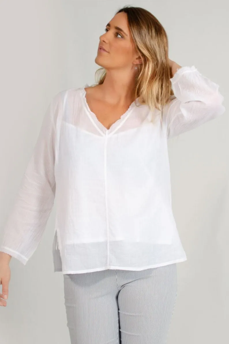 Gauze Frayed V Neck Top