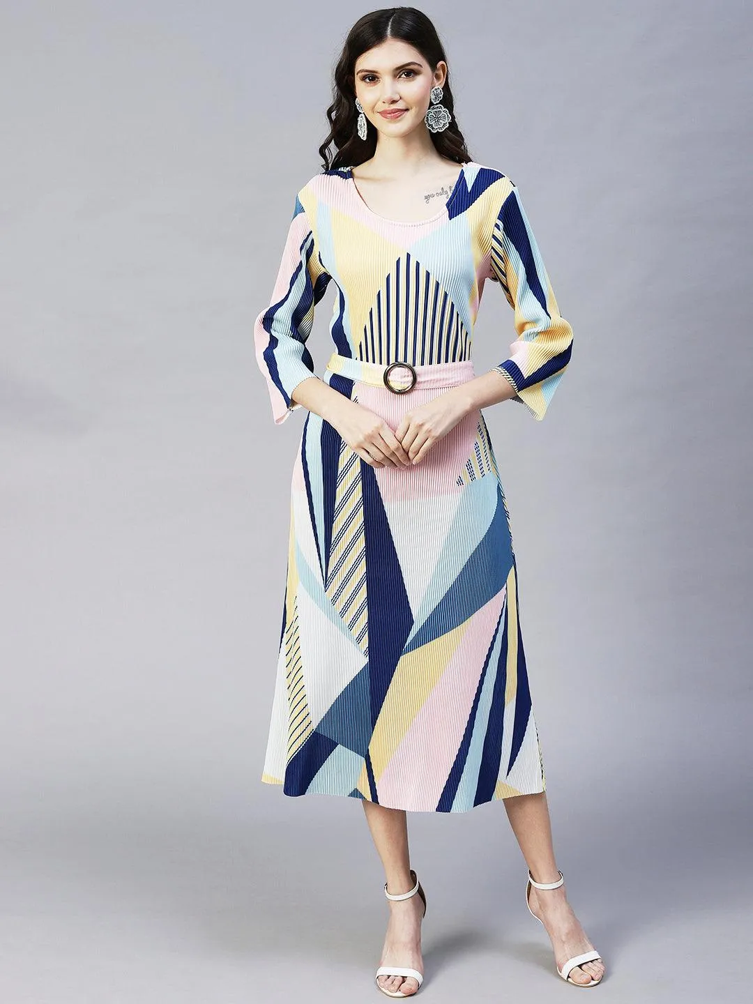 Geometric Abstract Printed A-Line Midi Dress - Multi