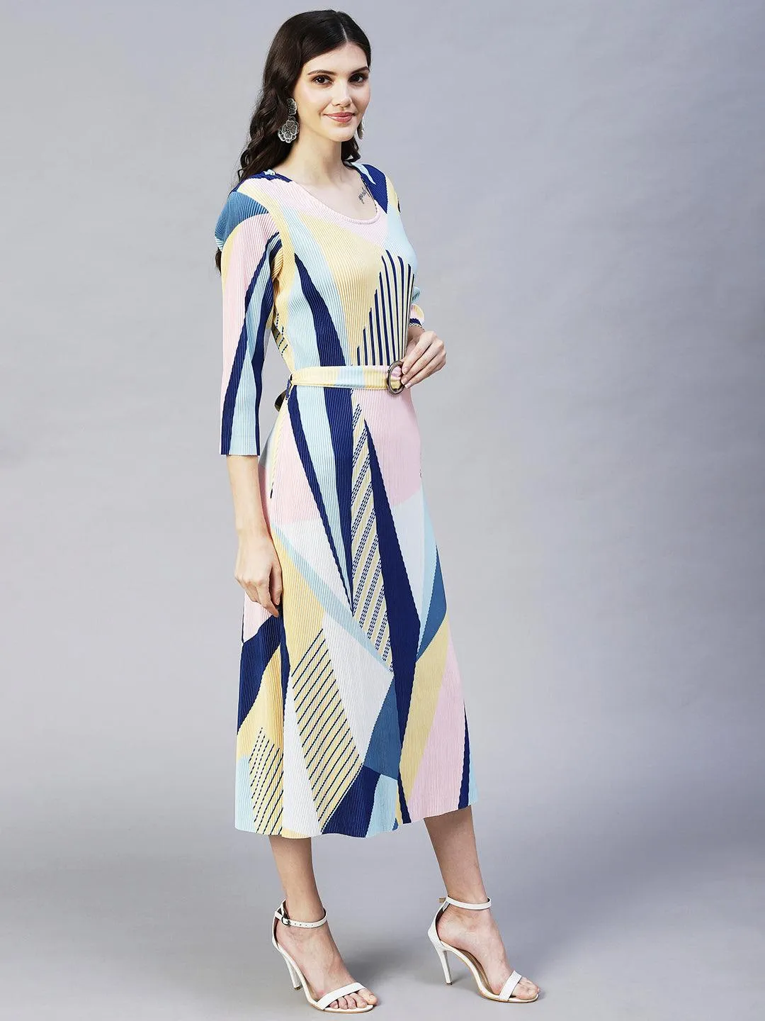 Geometric Abstract Printed A-Line Midi Dress - Multi