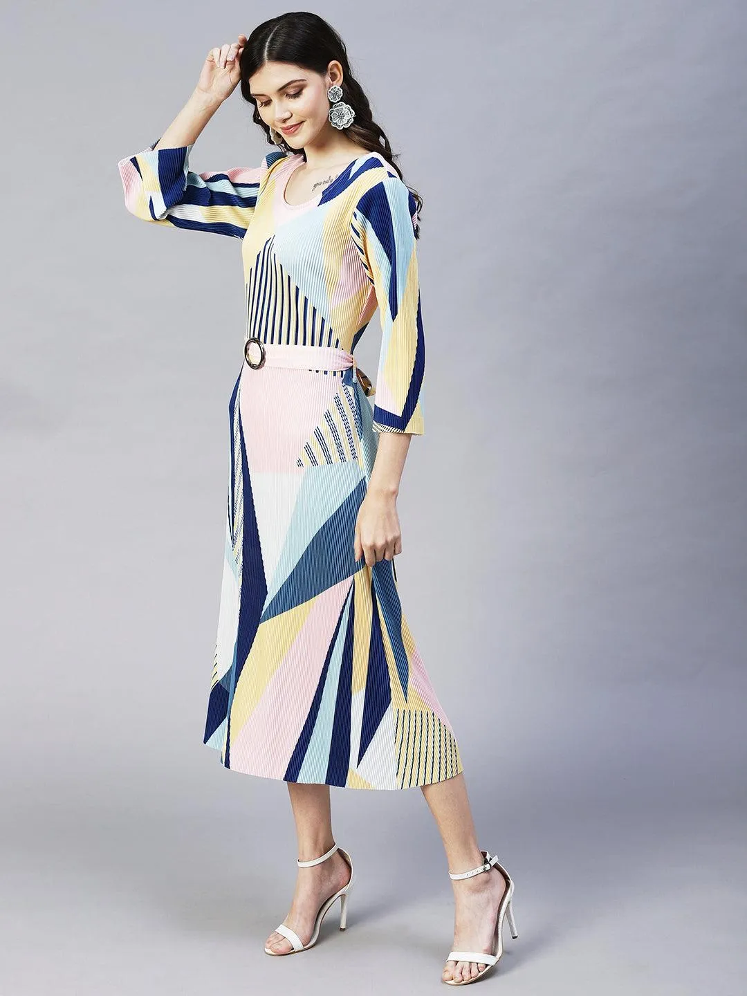 Geometric Abstract Printed A-Line Midi Dress - Multi