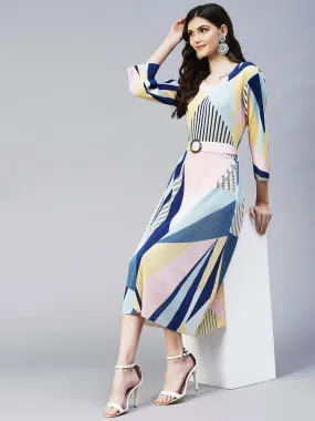 Geometric Abstract Printed A-Line Midi Dress - Multi