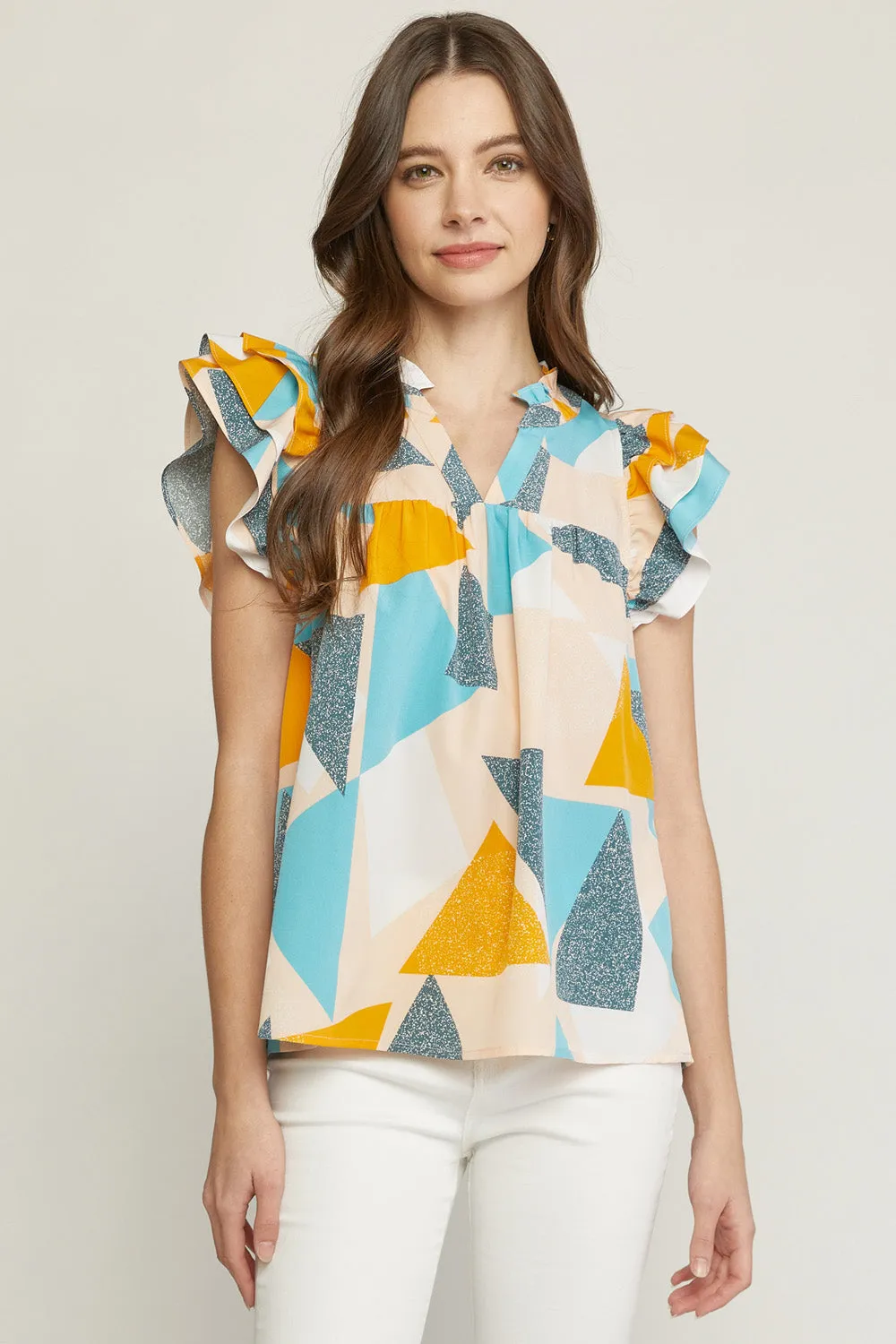 Geometric Ruffle Sleeve Top, Jade