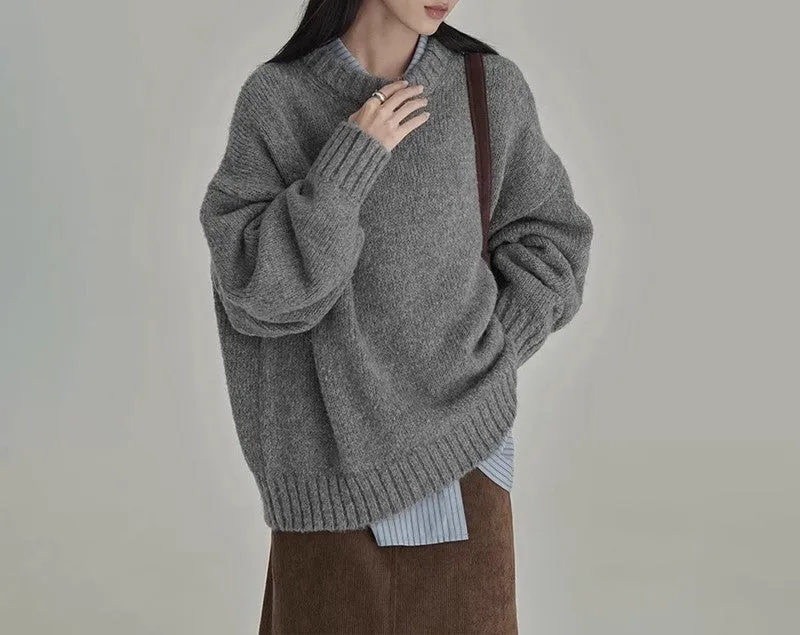 Girlary-shop dress to impress outfits Japanese Style Retro Gray Sweater Women's Winter round Neck Loose Lazy Wind Outer Wear Inner Bottoming Sweater Thick Top