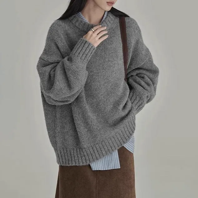 Girlary-shop dress to impress outfits Japanese Style Retro Gray Sweater Women's Winter round Neck Loose Lazy Wind Outer Wear Inner Bottoming Sweater Thick Top