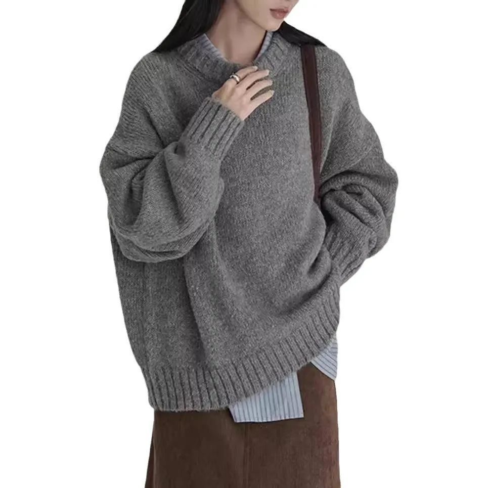 Girlary-shop dress to impress outfits Japanese Style Retro Gray Sweater Women's Winter round Neck Loose Lazy Wind Outer Wear Inner Bottoming Sweater Thick Top