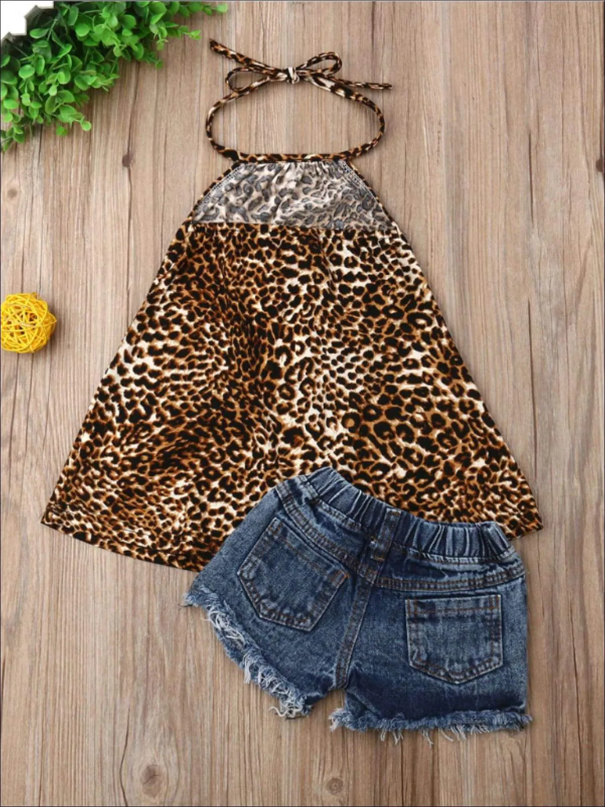 Girls Animal Print Halter Tunic & Matching Denim Shorts with Patch Set