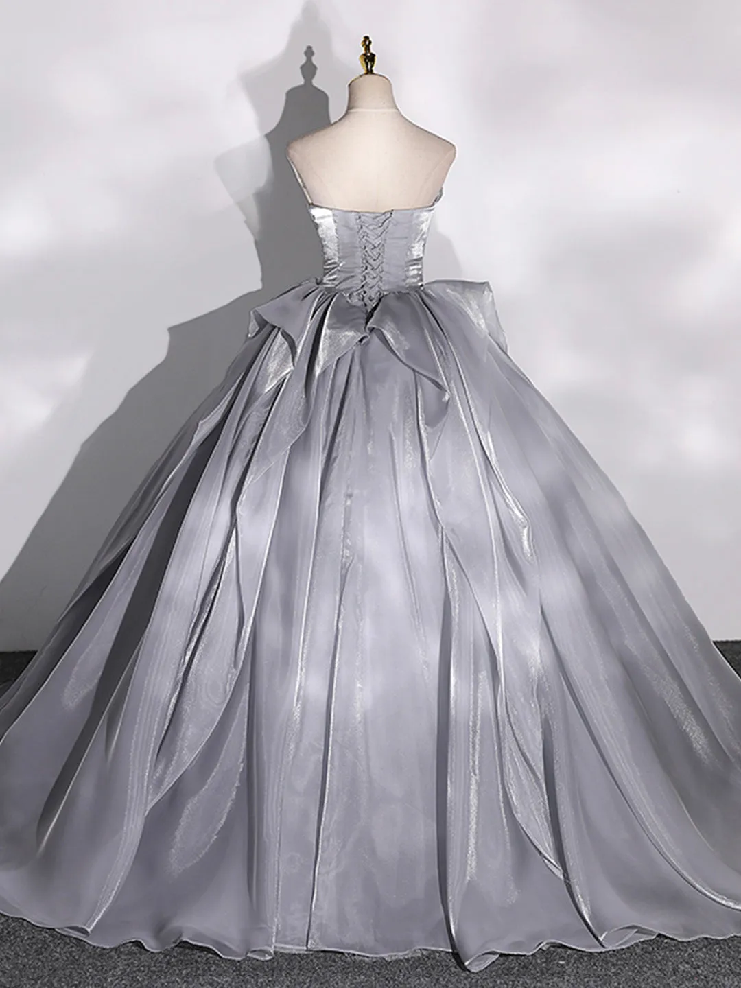 Gray Strapless Tulle Long Ball Gown A-Line Evening Dress Formal Dress