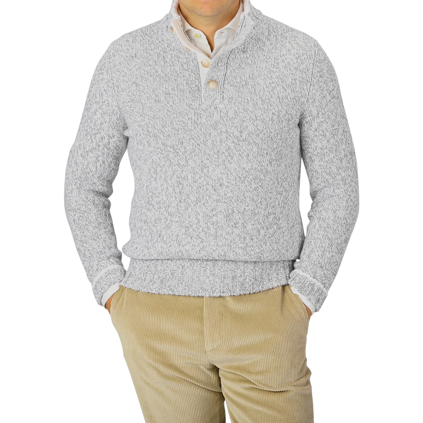 Grey Melange Wool Quarter Button Sweater