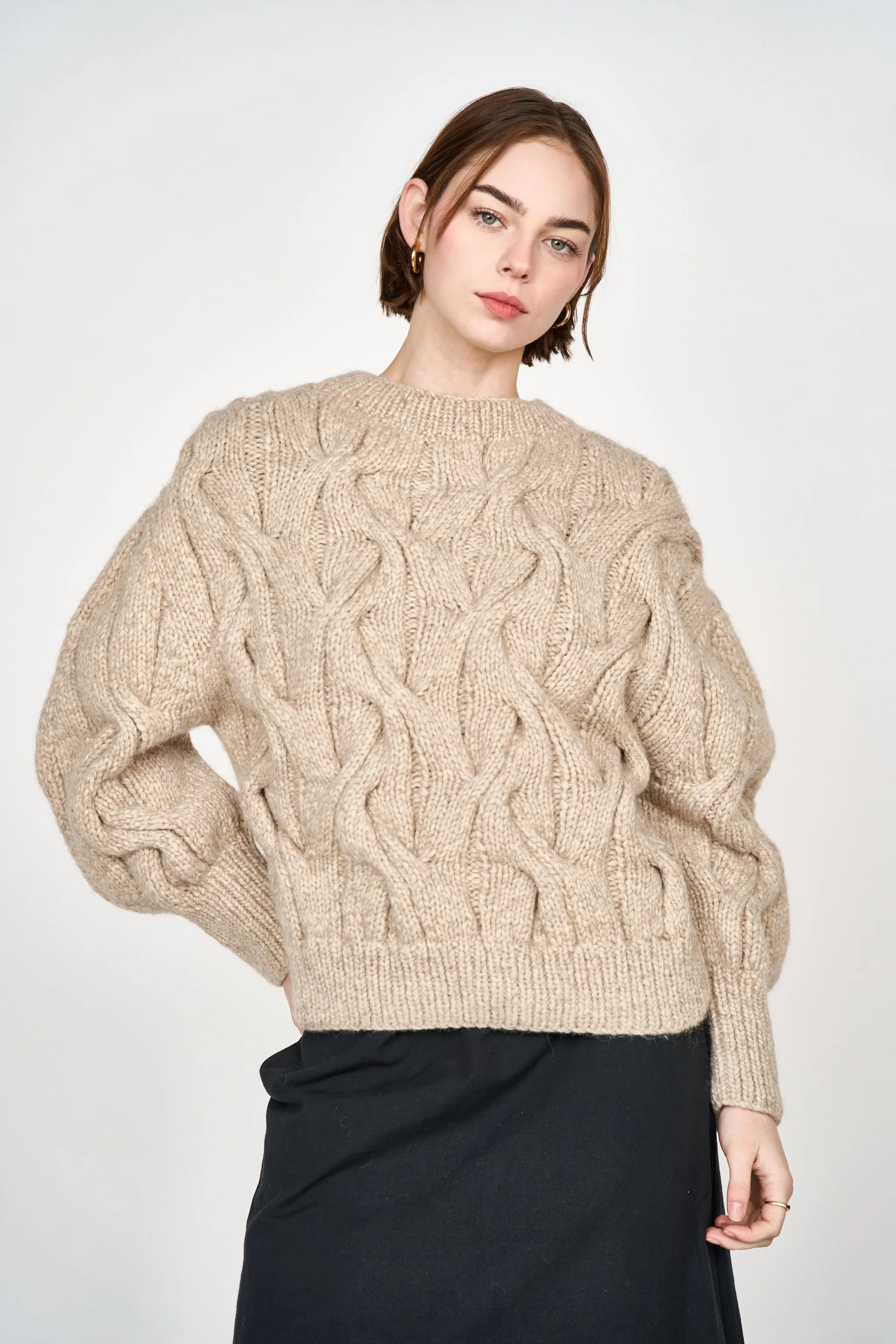 Handknit Cortina Cable Pullover in Camel