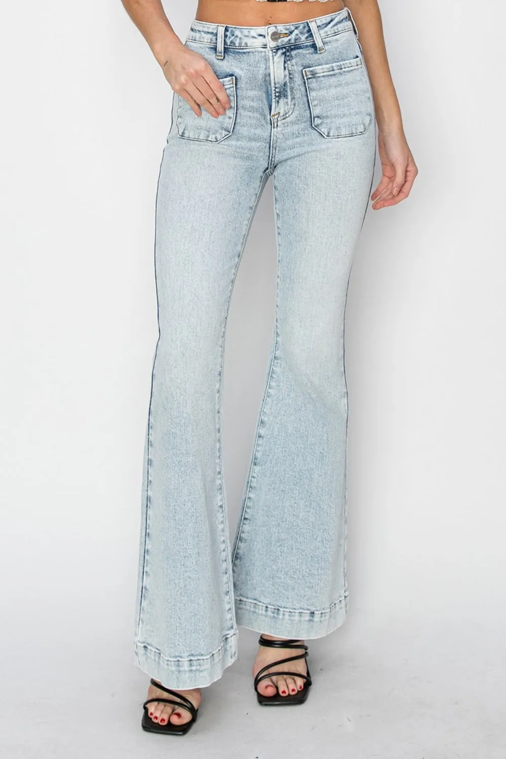 High Rise Front Patch Pocket Flare Jeans