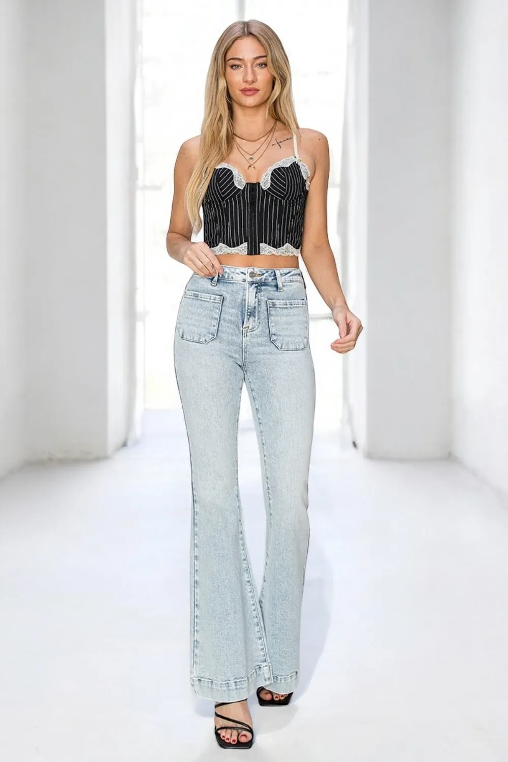 High Rise Front Patch Pocket Flare Jeans