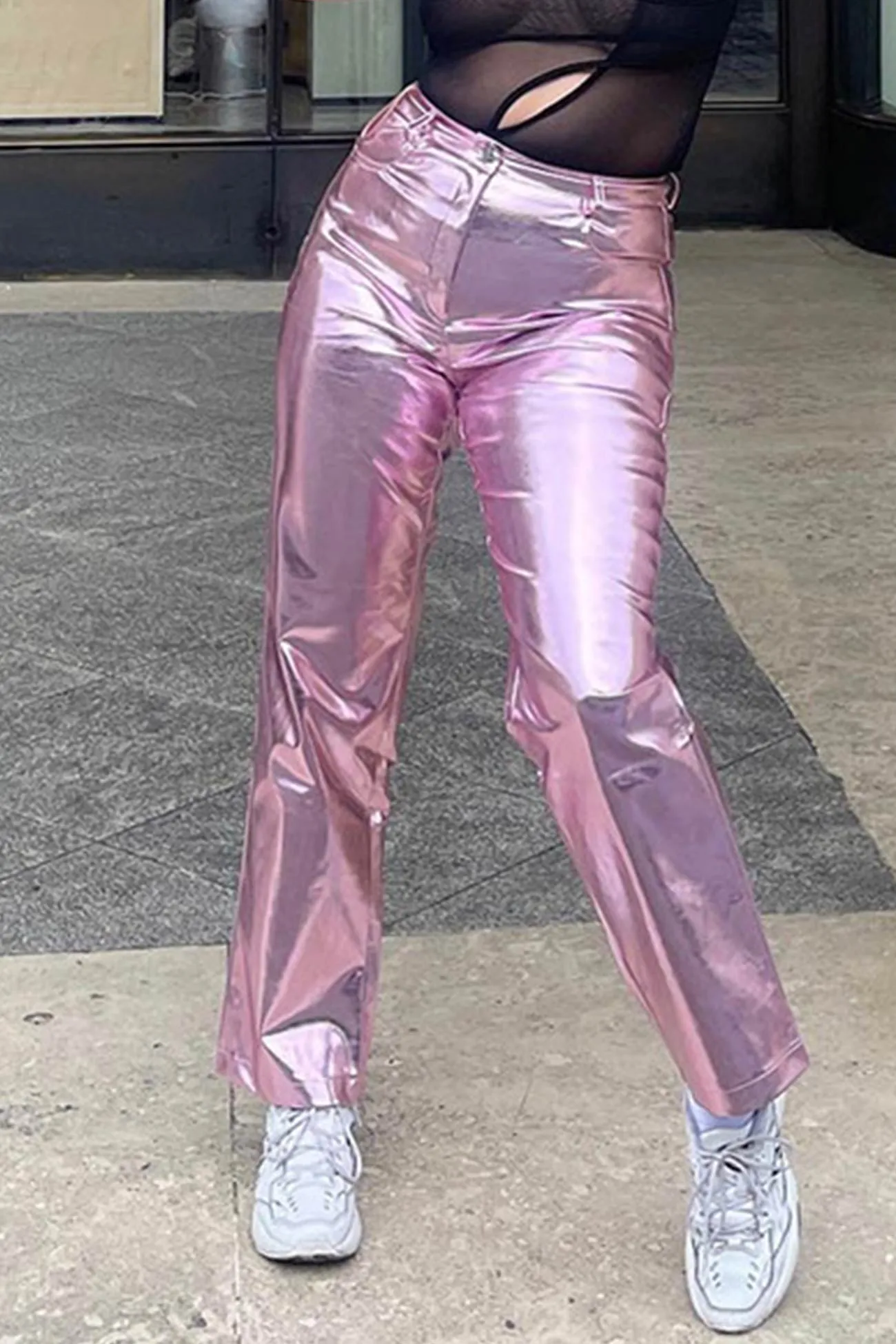 High Waist Glossy PU Leather Long Pants