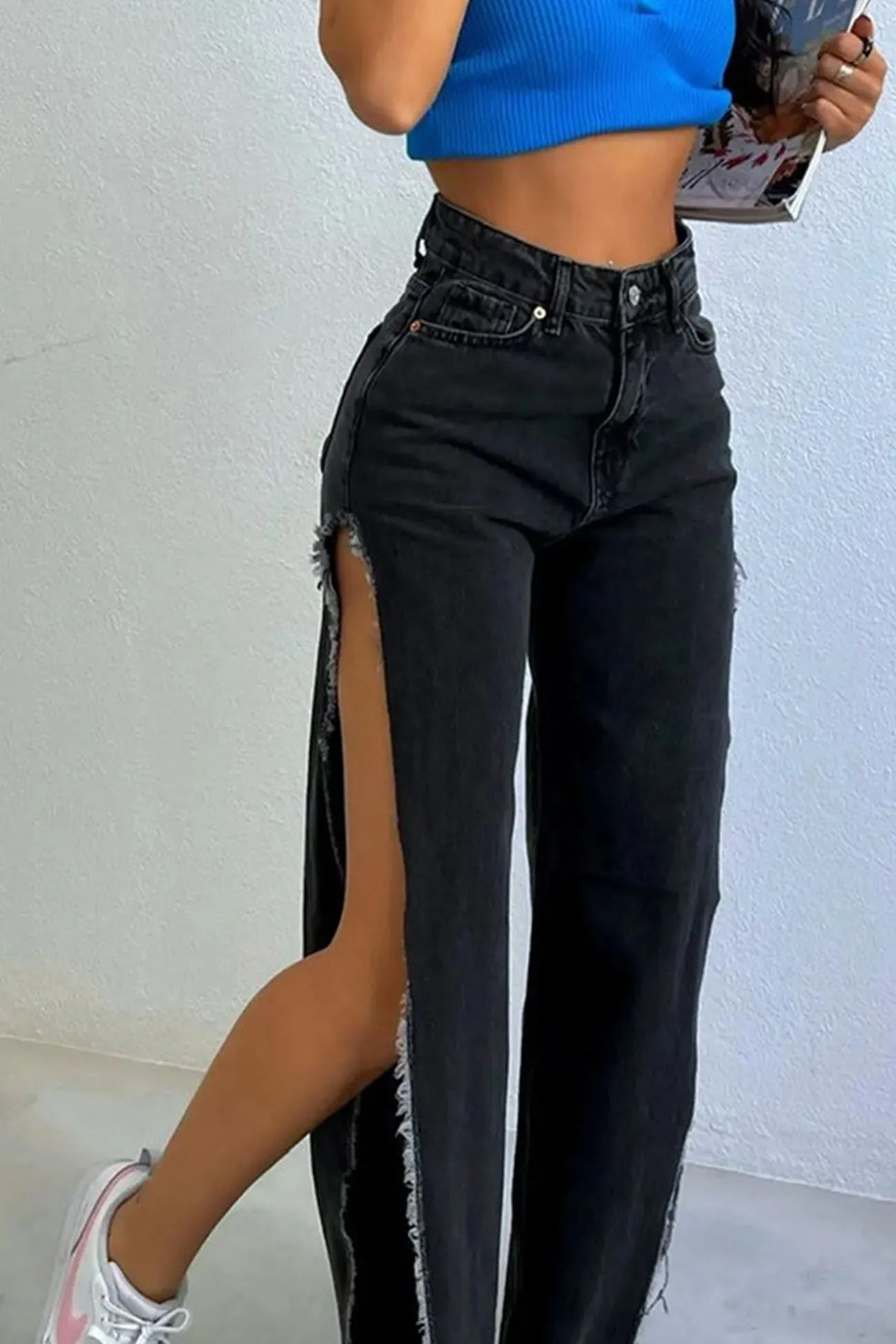 High Waist Solid Color High Slit Jeans