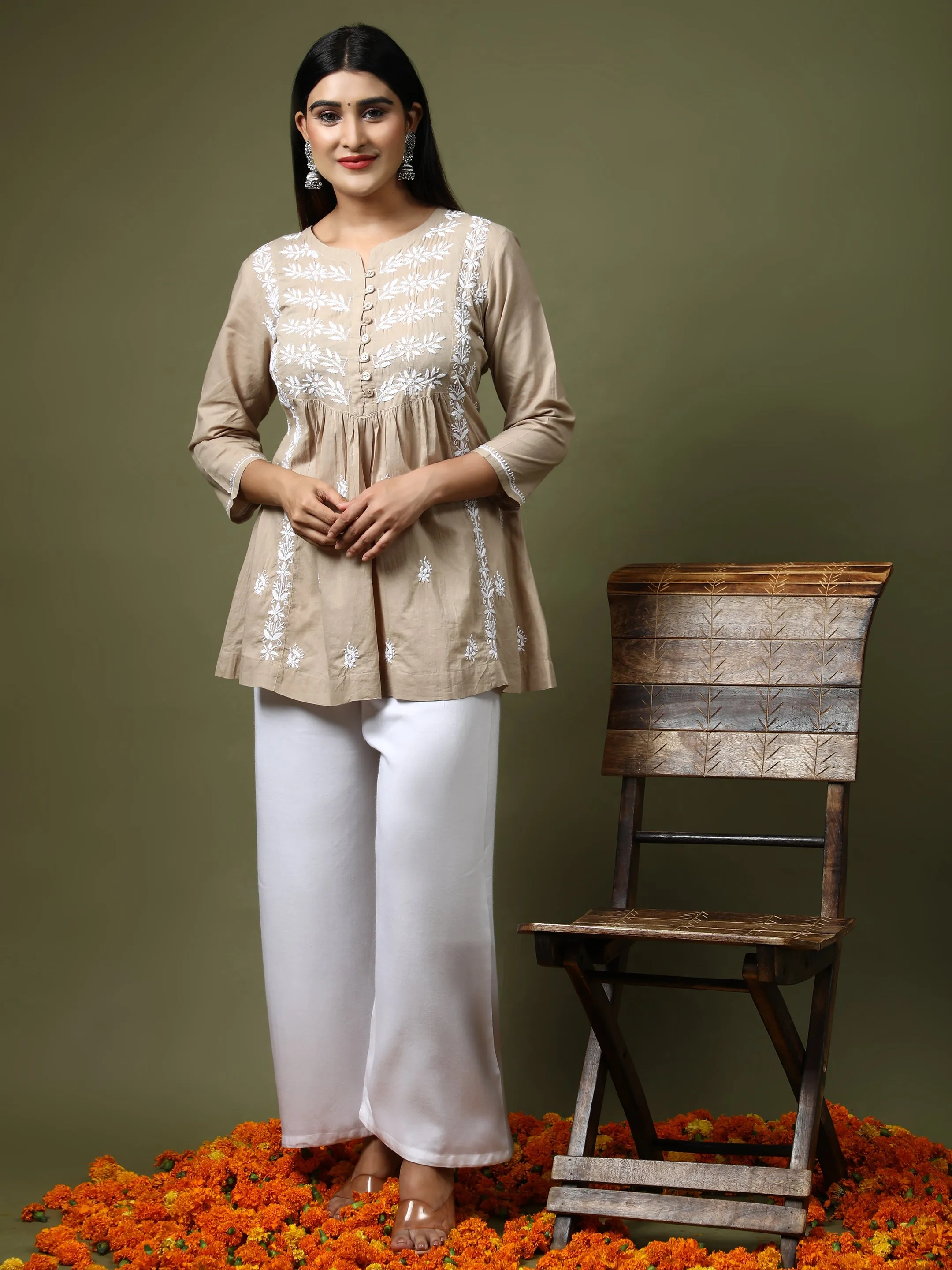 HOK chikankari Tunic for Women -Brown