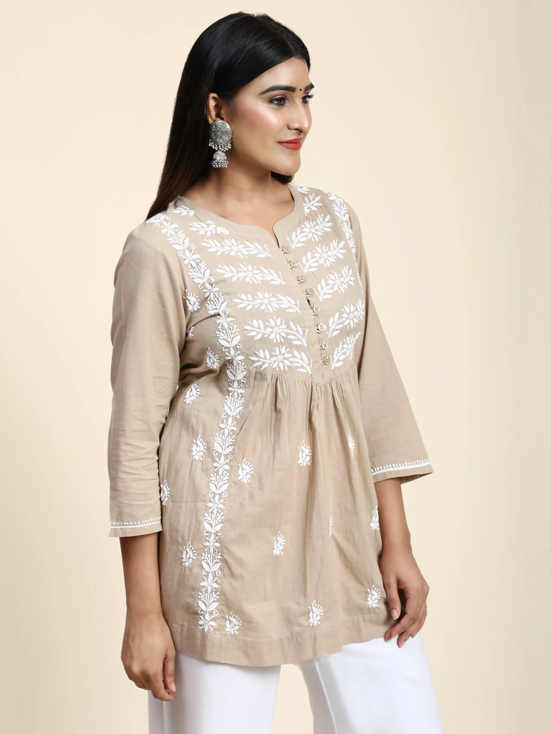 HOK chikankari Tunic for Women -Brown