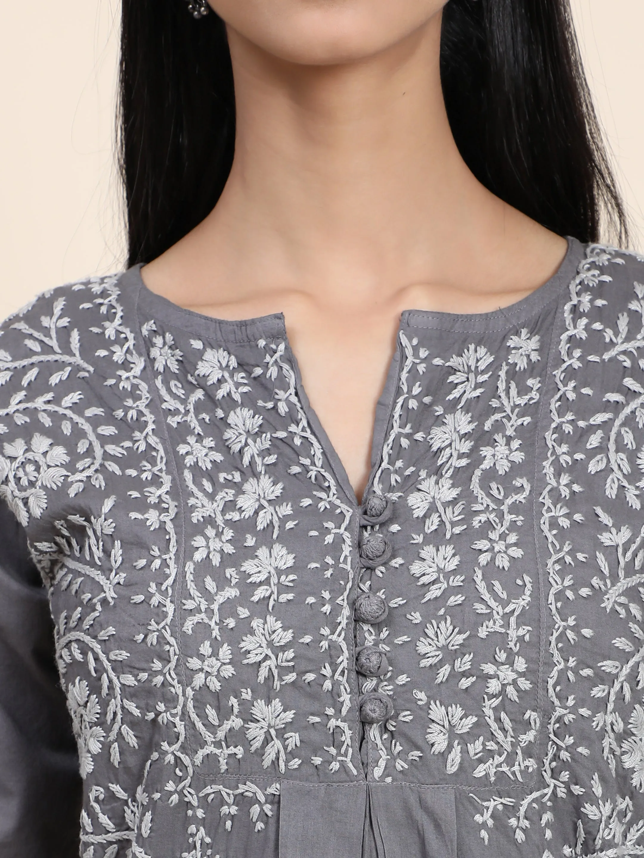 HOK chikankari Tunic for Women -Grey