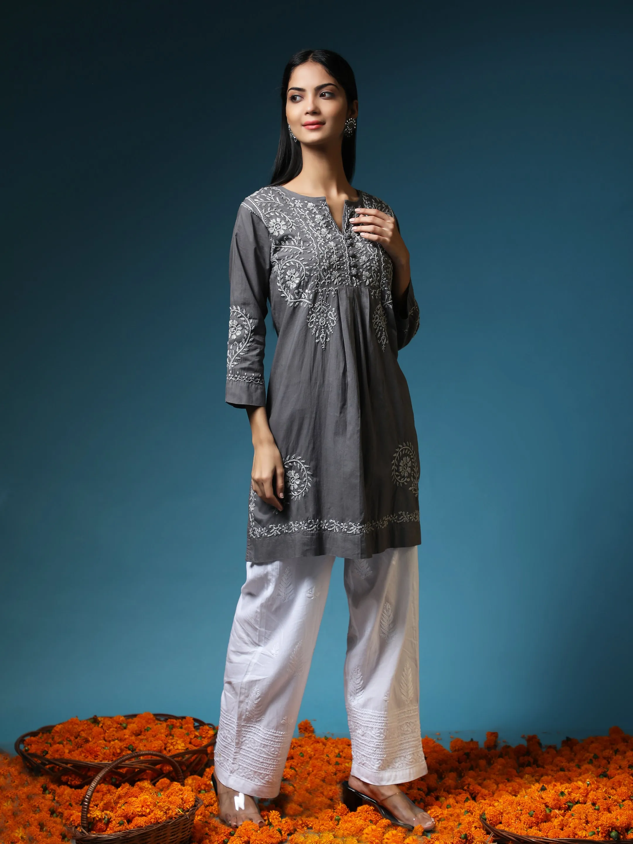 HOK chikankari Tunic for Women -Grey