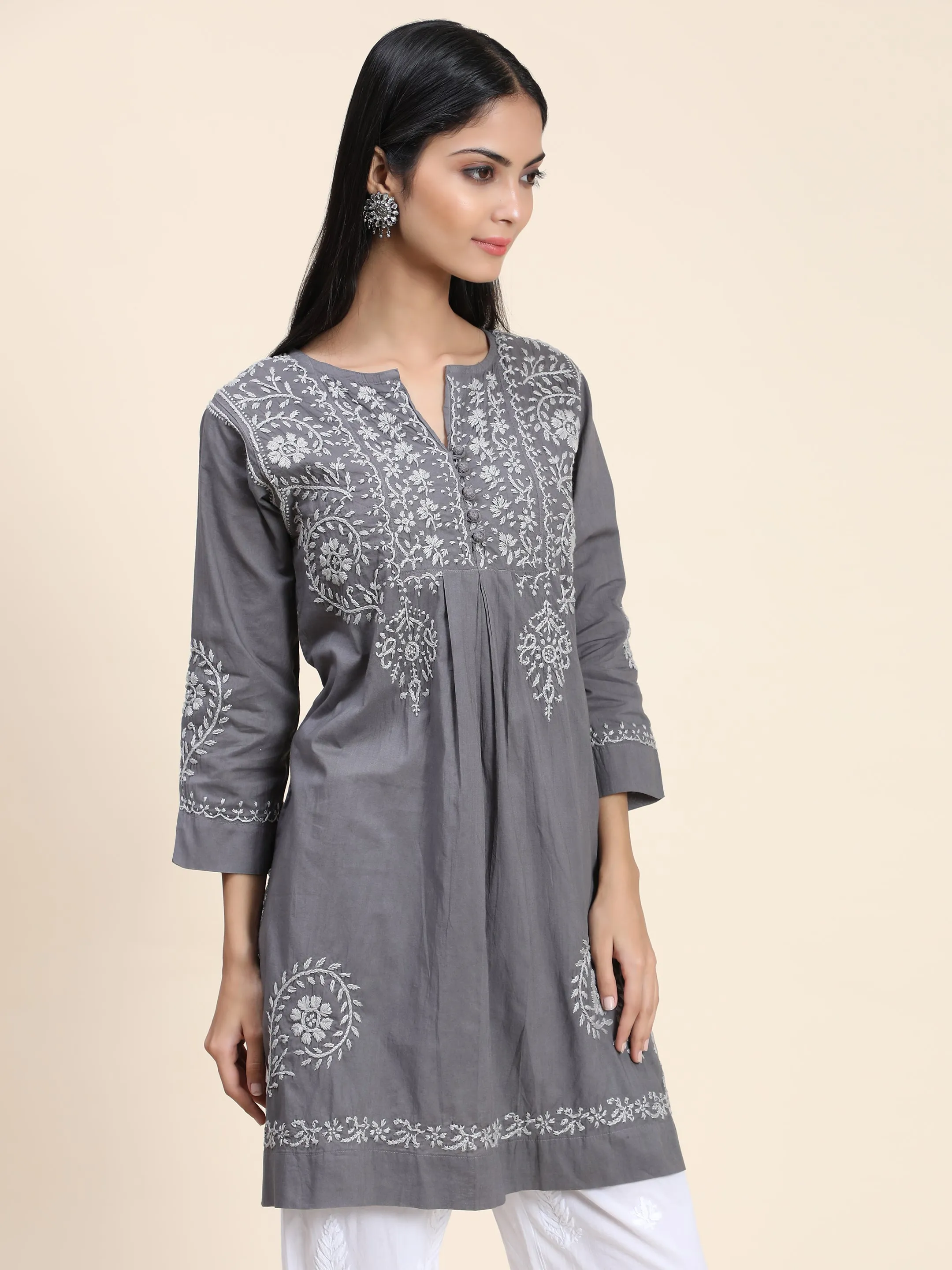 HOK chikankari Tunic for Women -Grey