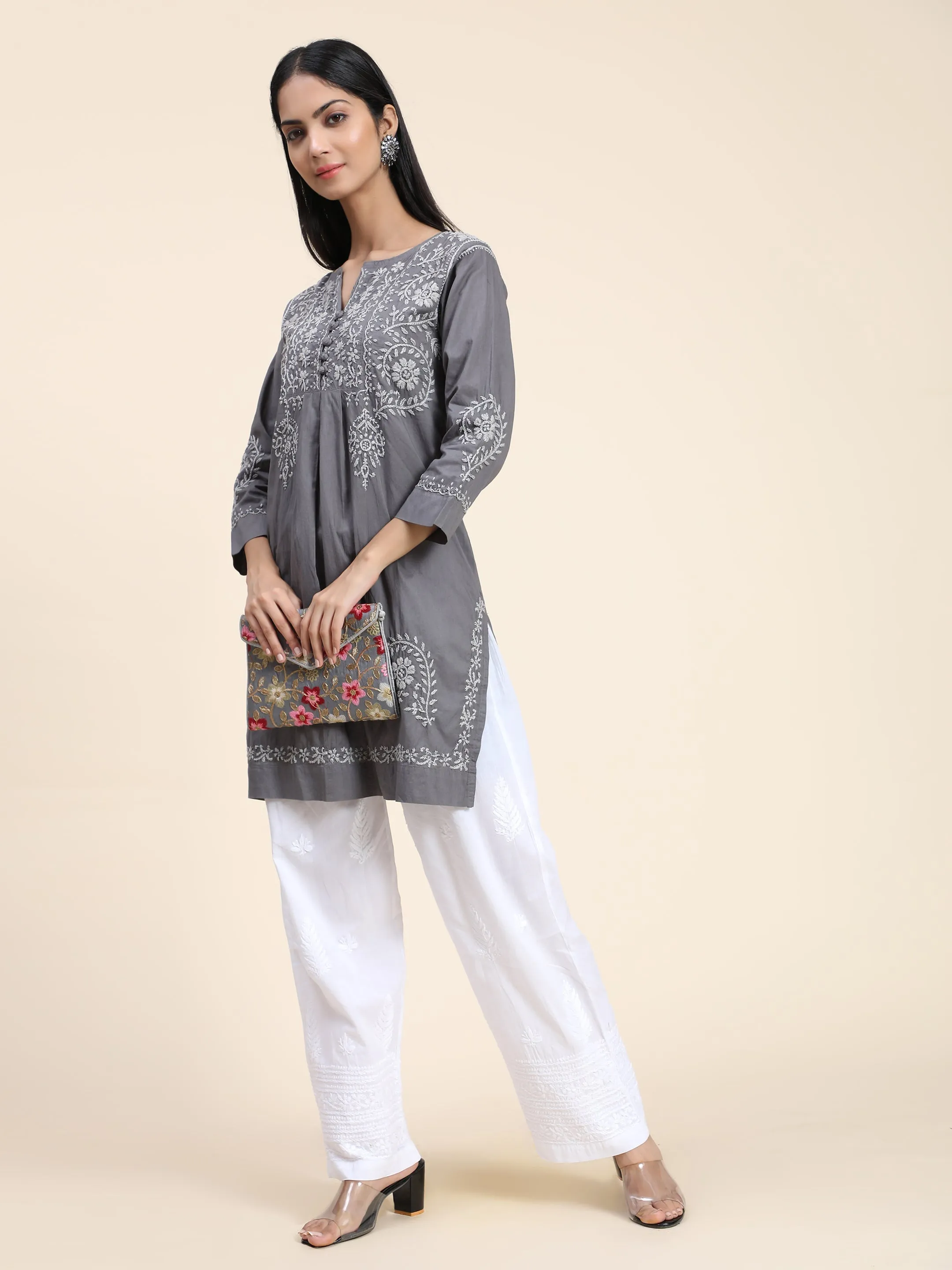 HOK chikankari Tunic for Women -Grey