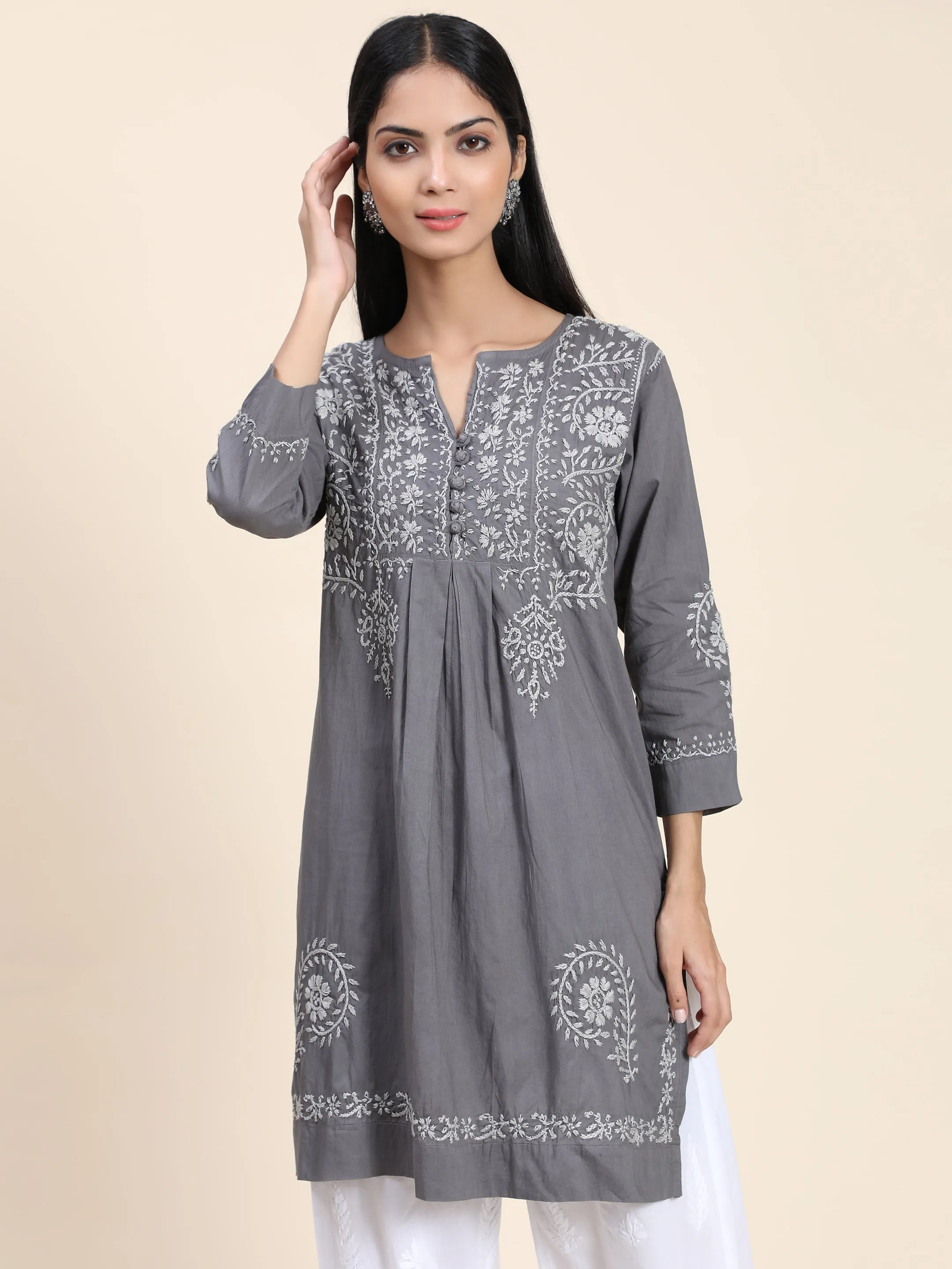 HOK chikankari Tunic for Women -Grey