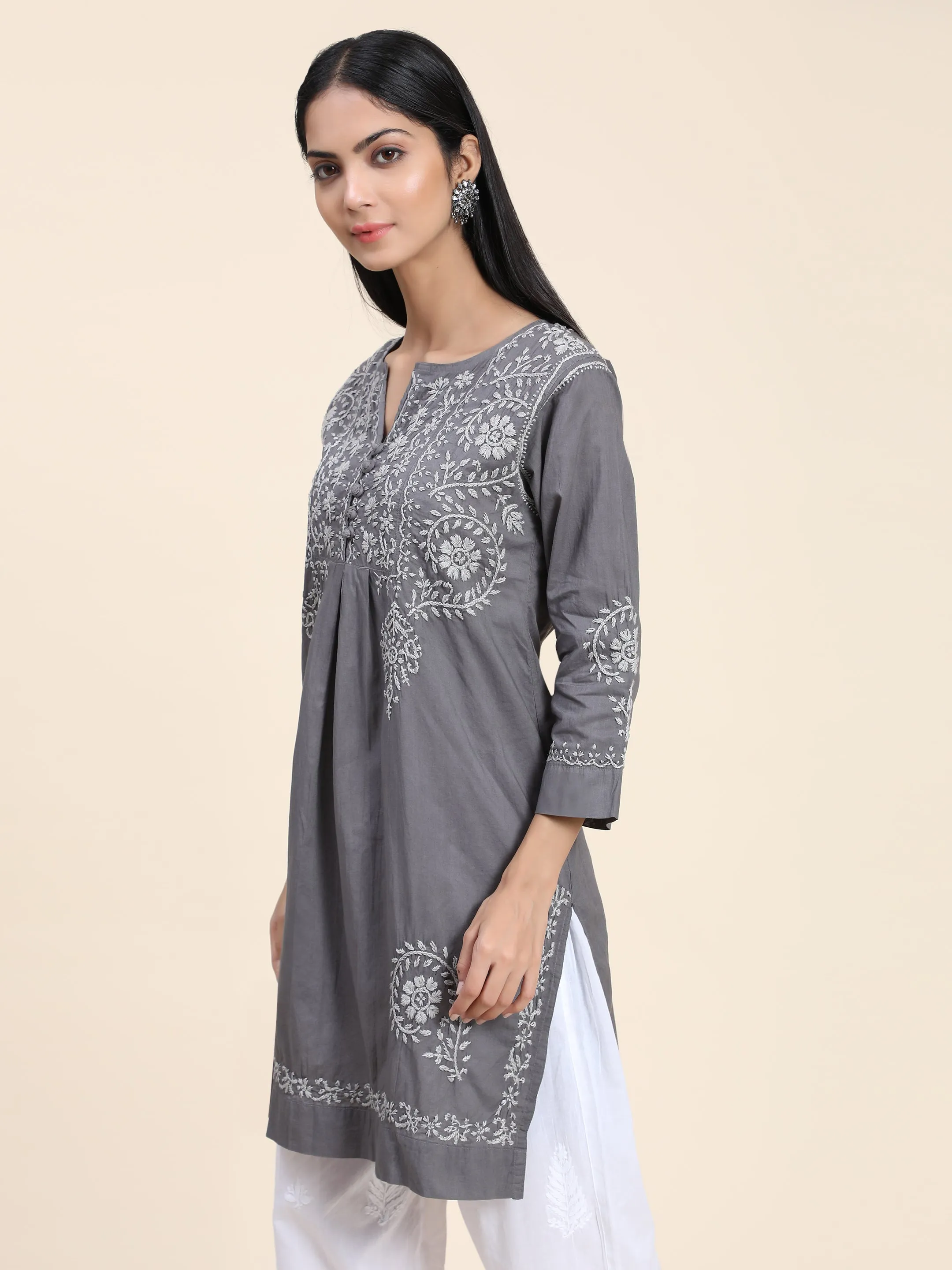 HOK chikankari Tunic for Women -Grey