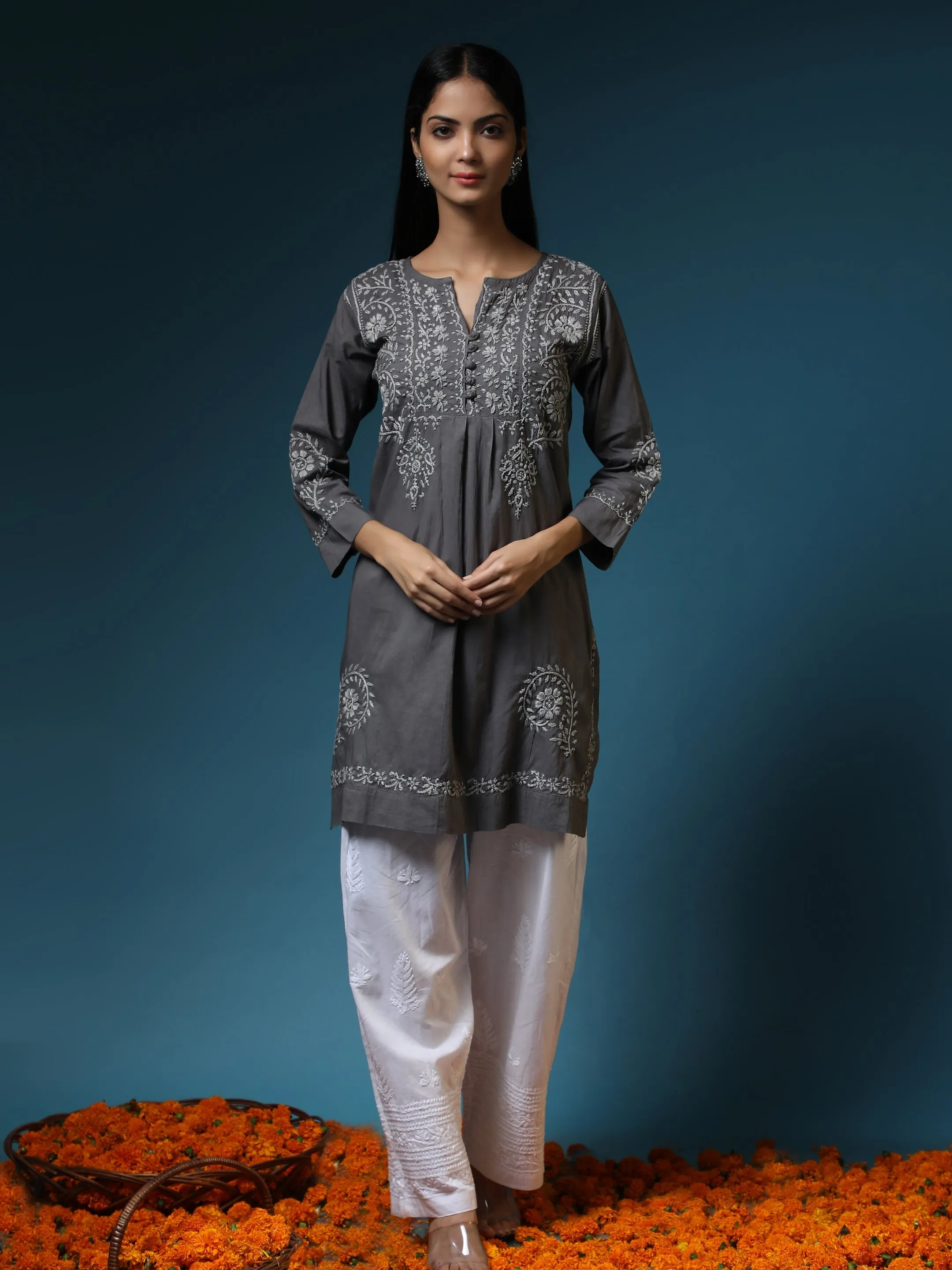 HOK chikankari Tunic for Women -Grey