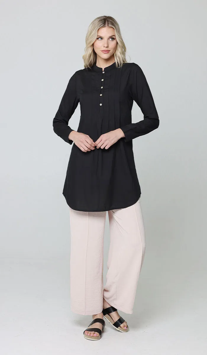 Hurin Pleated Mostly Cotton Button Down Tunic Dress - Black