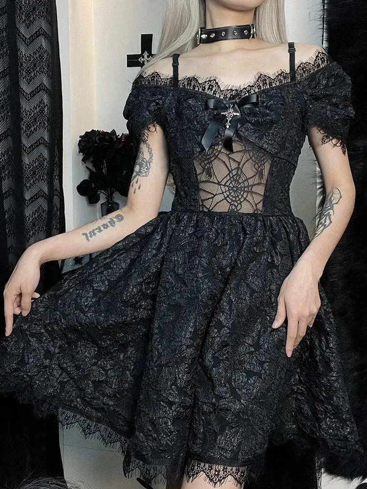 InsGoth Goth Y2K Fairy Grunge Aesthetic Lace Pattern Spider Web See Through Jacquard Off Shoulder Gothic Dress