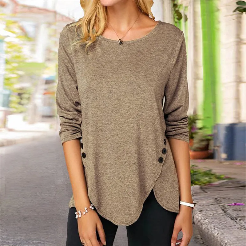 Irregular Button Long Sleeve Crew Neck Casual T-Shirt