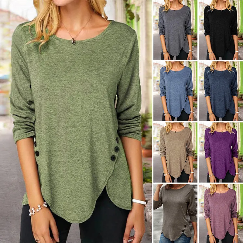 Irregular Button Long Sleeve Crew Neck Casual T-Shirt