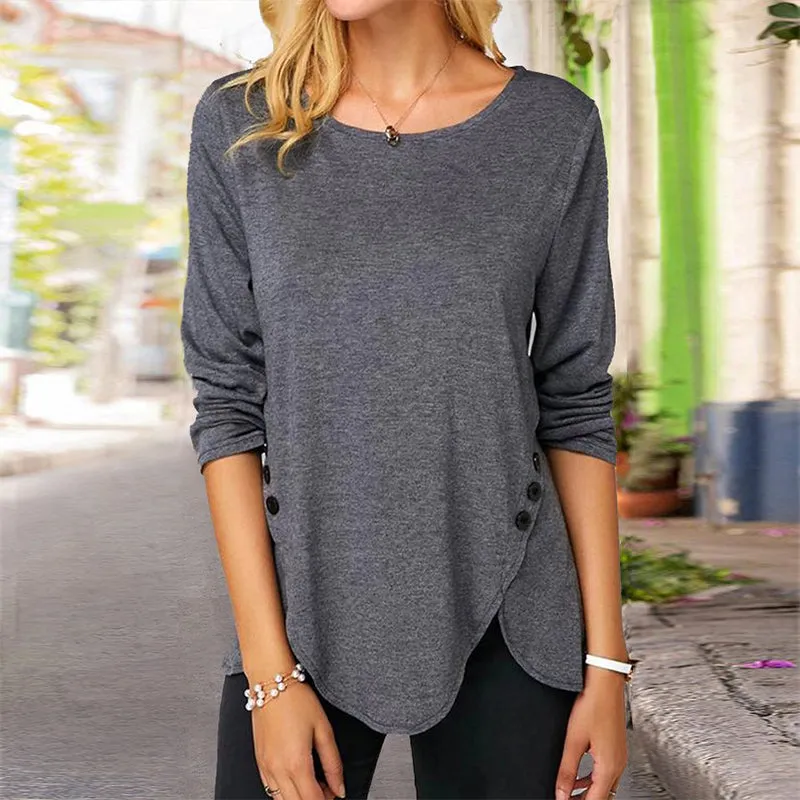 Irregular Button Long Sleeve Crew Neck Casual T-Shirt