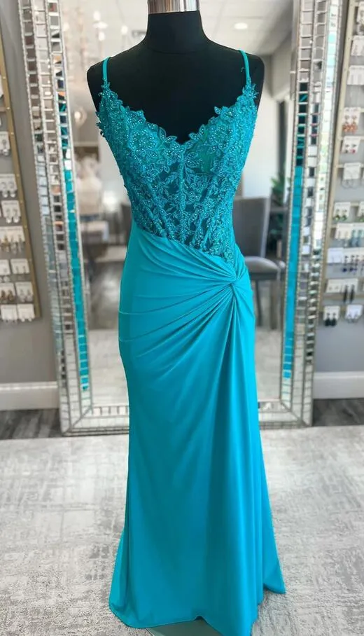 Jade Appliques Straps Twist Knot Mermaid Long Prom Dress PC1335