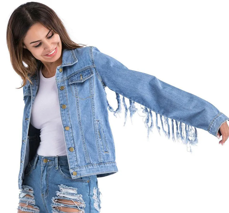 Jean Jacket With Fringed Sleeves Faded Denim Front Pockets Destroyed Fringe Boho Festival Concert Coat Available In Medium Or Large