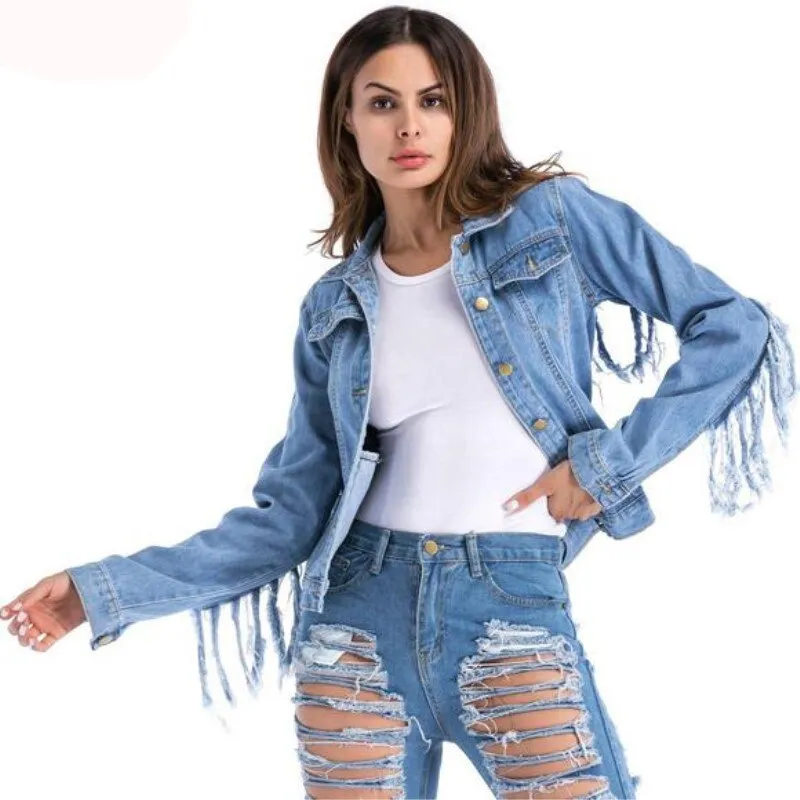 Jean Jacket With Fringed Sleeves Faded Denim Front Pockets Destroyed Fringe Boho Festival Concert Coat Available In Medium Or Large