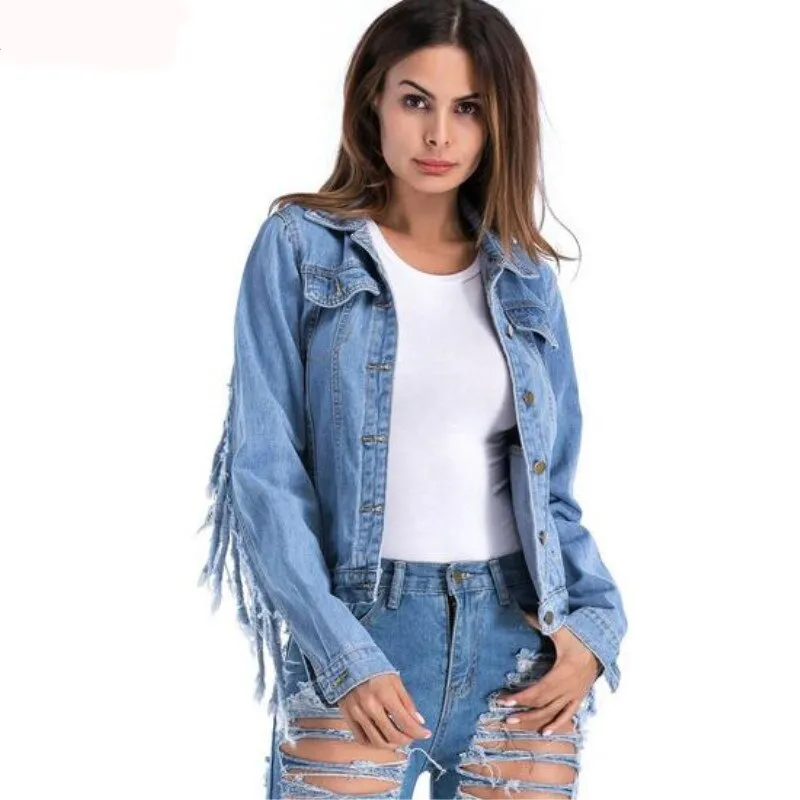 Jean Jacket With Fringed Sleeves Faded Denim Front Pockets Destroyed Fringe Boho Festival Concert Coat Available In Medium Or Large