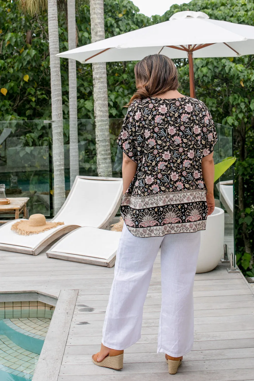 Kaftan Top - Black Floral Border