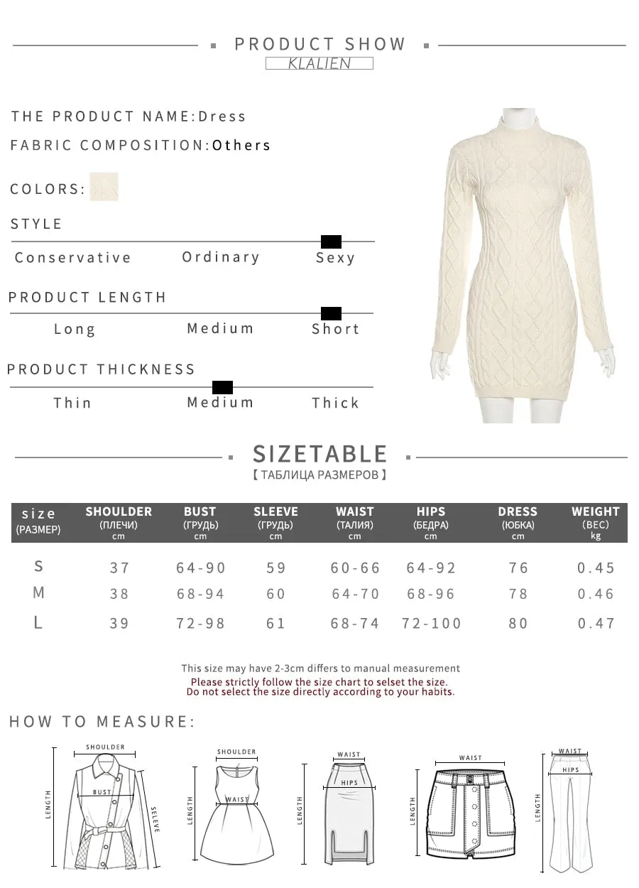 KLALIEN Simple Solid Long Sleeve Turtleneck Sweater Dress Autumn New Women Warm Streetwear Slim Stretch Mini Bodycon Dresses