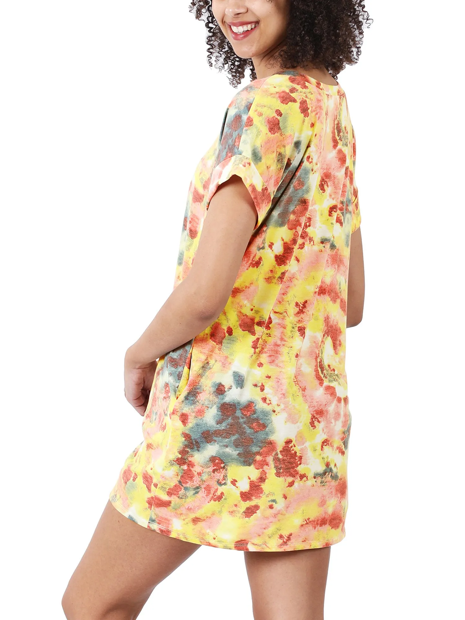 KOGMO Womens Tie Dye Short Sleeve V-Neck Tunic Top with pocket