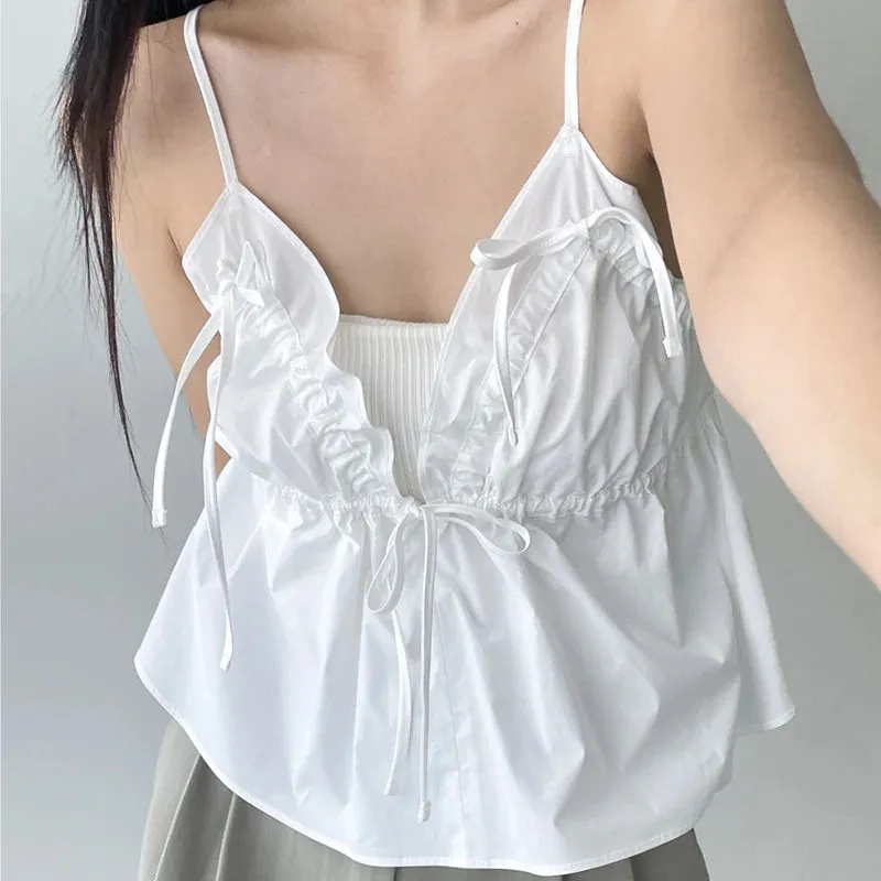 Korean Fashion Folds Strap Summer Crop Top Female Backless Hotsweet Ruched Lace-Up Camisole Holidays Kawaii Mini New