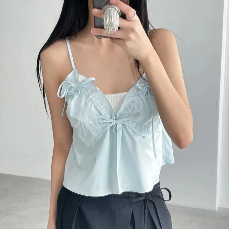 Korean Fashion Folds Strap Summer Crop Top Female Backless Hotsweet Ruched Lace-Up Camisole Holidays Kawaii Mini New