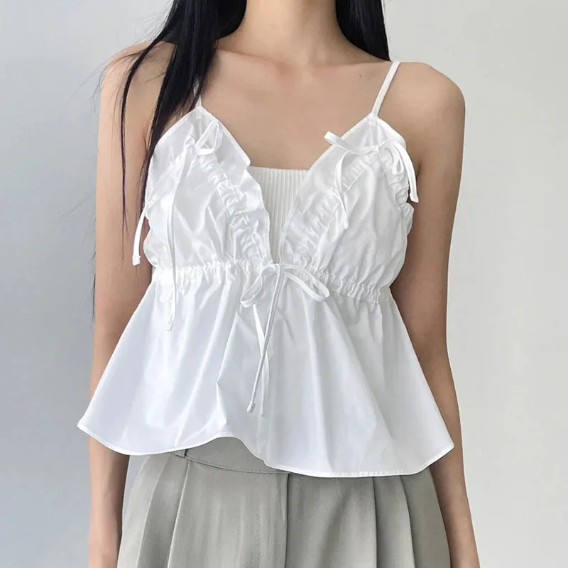 Korean Fashion Folds Strap Summer Crop Top Female Backless Hotsweet Ruched Lace-Up Camisole Holidays Kawaii Mini New