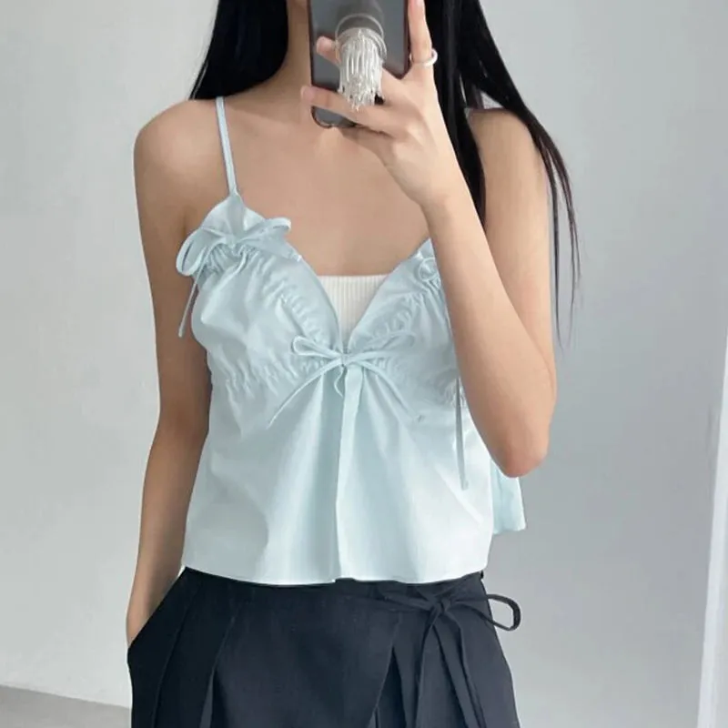 Korean Fashion Folds Strap Summer Crop Top Female Backless Hotsweet Ruched Lace-Up Camisole Holidays Kawaii Mini New