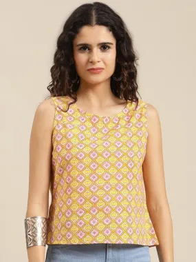 KSUT Women Yellow & White Ethnic Motifs Printed Cotton Top