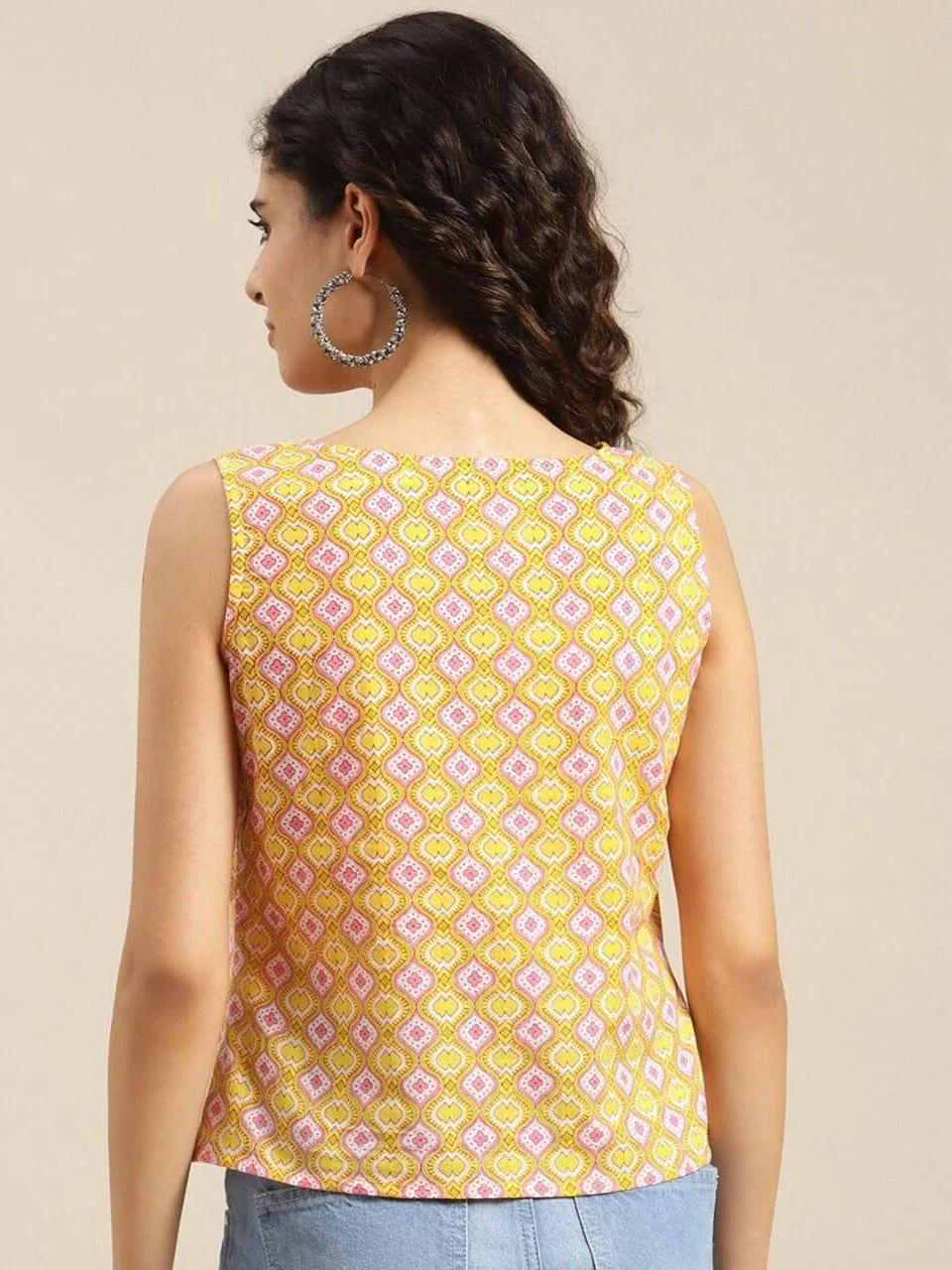 KSUT Women Yellow & White Ethnic Motifs Printed Cotton Top