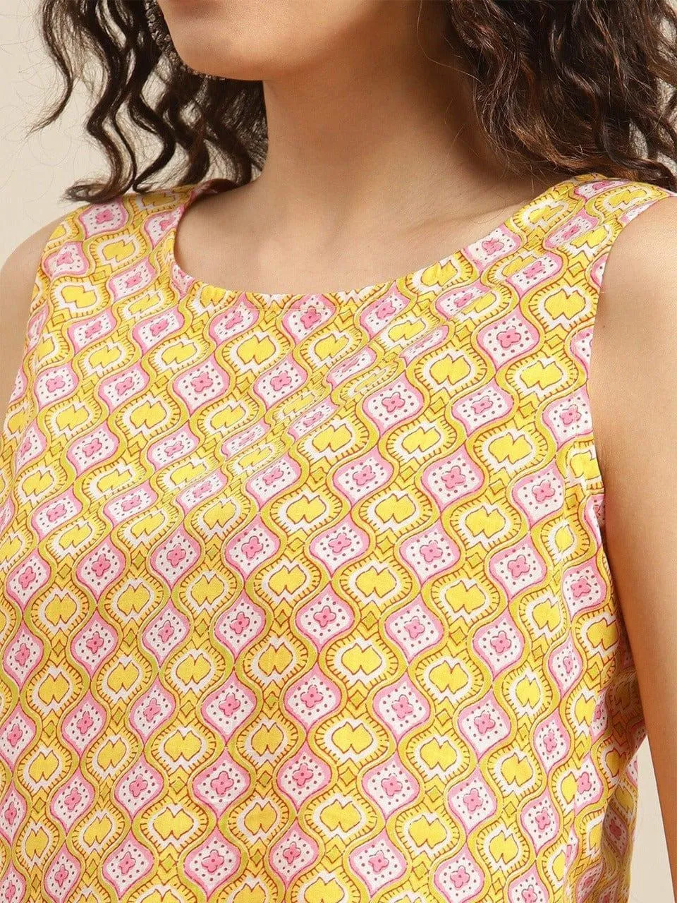 KSUT Women Yellow & White Ethnic Motifs Printed Cotton Top