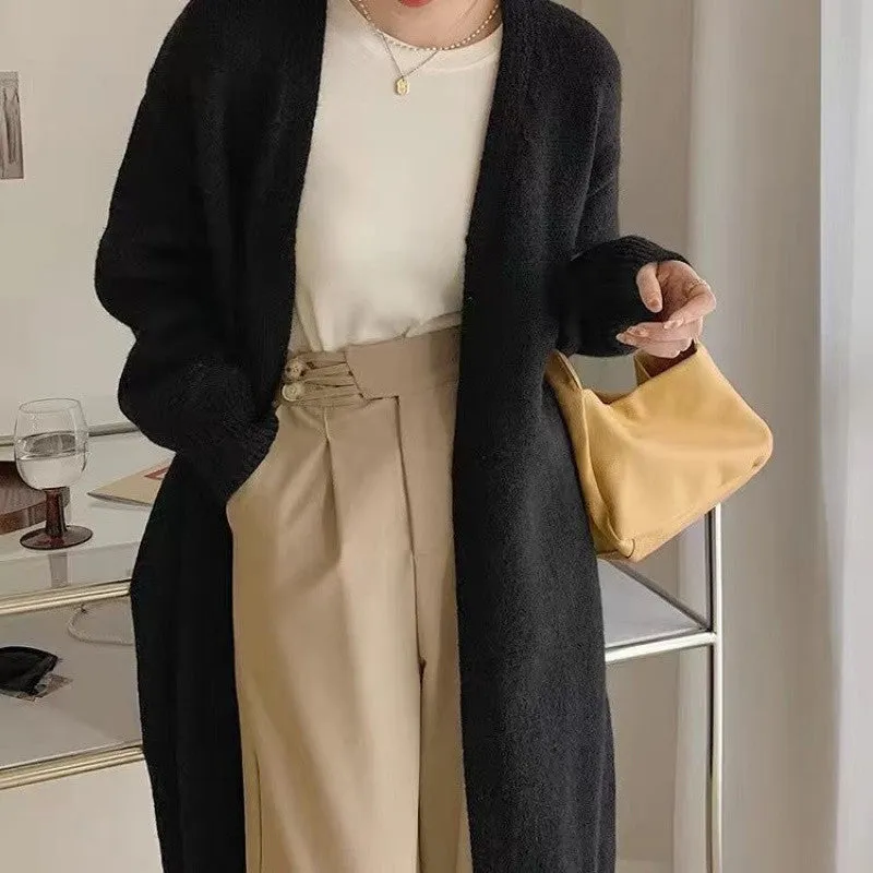 Lanfubeisi black sweater dress outfit Knitted Cardigan Women's Spring and Autumn Simple Lazy Style Loose Mid-Length over-the-Knee Sweater Coat Top