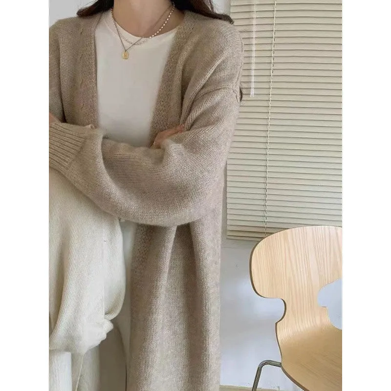 Lanfubeisi black sweater dress outfit Knitted Cardigan Women's Spring and Autumn Simple Lazy Style Loose Mid-Length over-the-Knee Sweater Coat Top