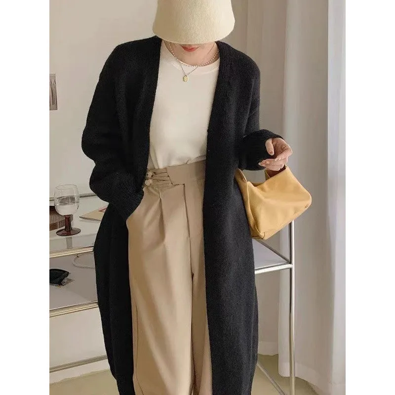 Lanfubeisi black sweater dress outfit Knitted Cardigan Women's Spring and Autumn Simple Lazy Style Loose Mid-Length over-the-Knee Sweater Coat Top